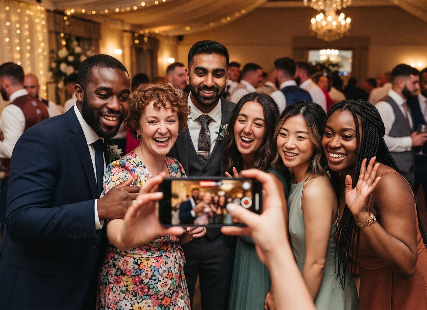 Guests recording a video message together at a wedding reception