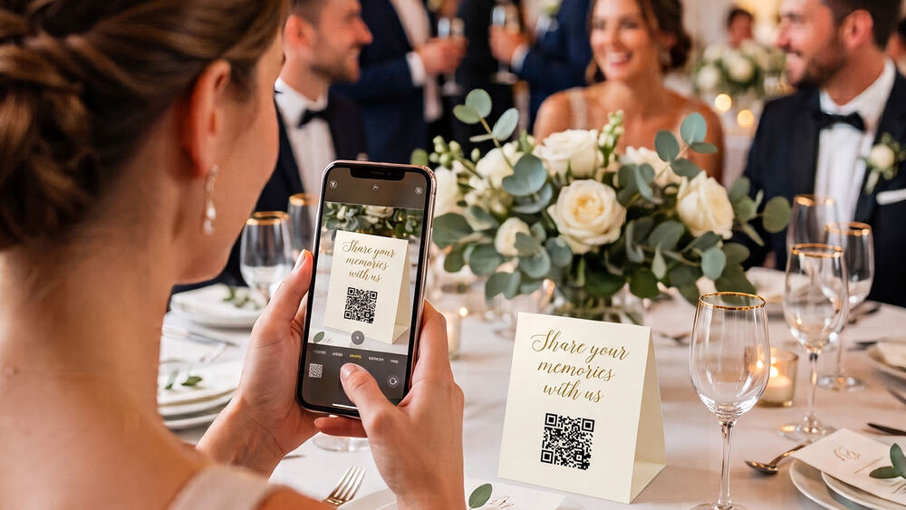 Wedding guest scanning a QR code at the table with her phone