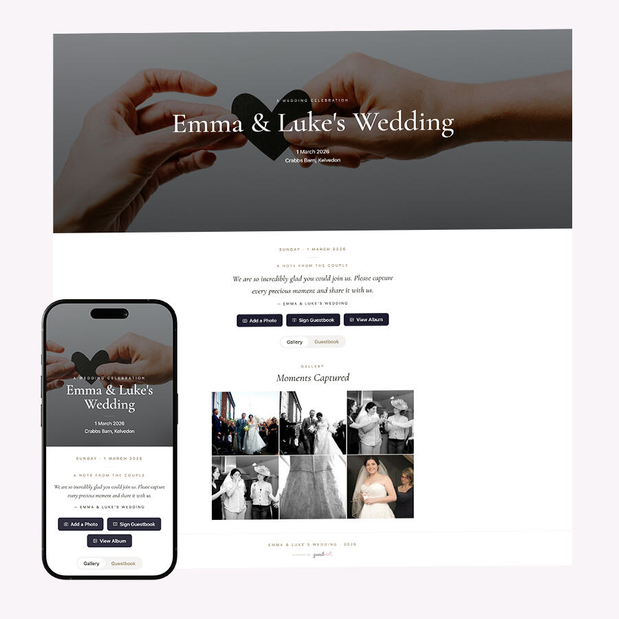 GuestRoll capture page for a sample wedding, shown on a laptop and a phone