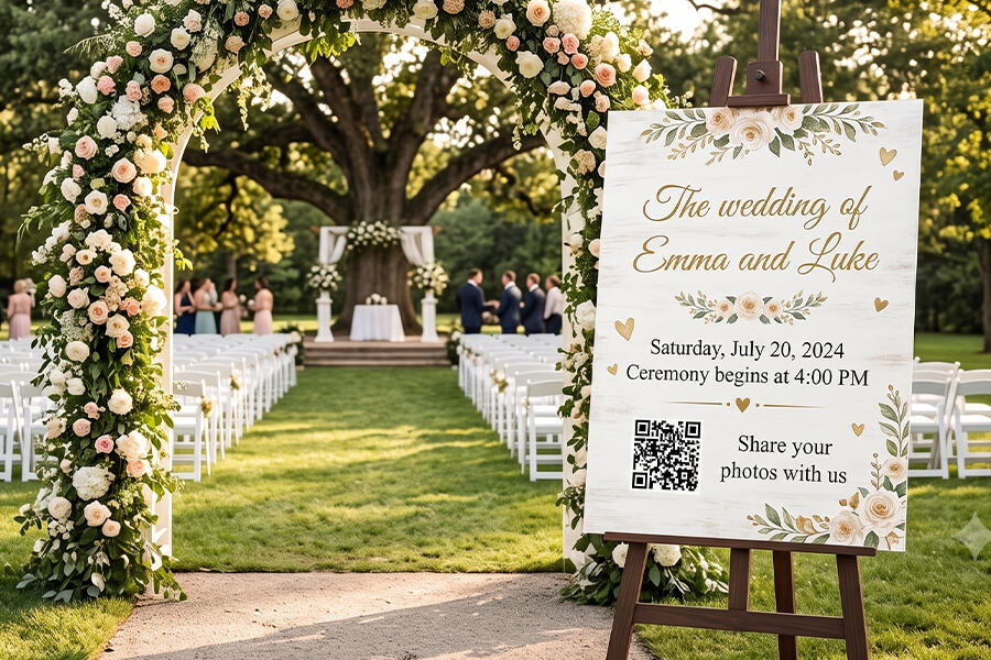 Wedding welcome sign with a QR code and "Share your photos with us" at an outdoor ceremony